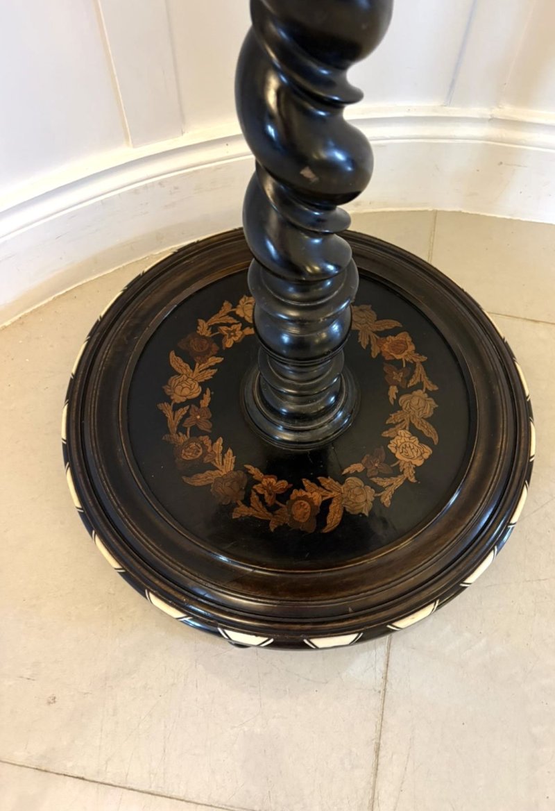 Quality Antique Italian Ebonised and Marquetry Inlaid Pedestal Occasional Centre Table/Plant Stand - Image 5